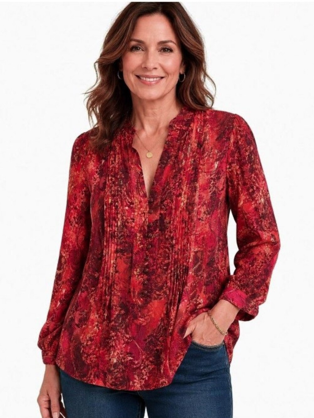 New Coldwater Creek Womens Crimson Pleated V-Neck Cuff Sleeve Chiffon Top Blouse